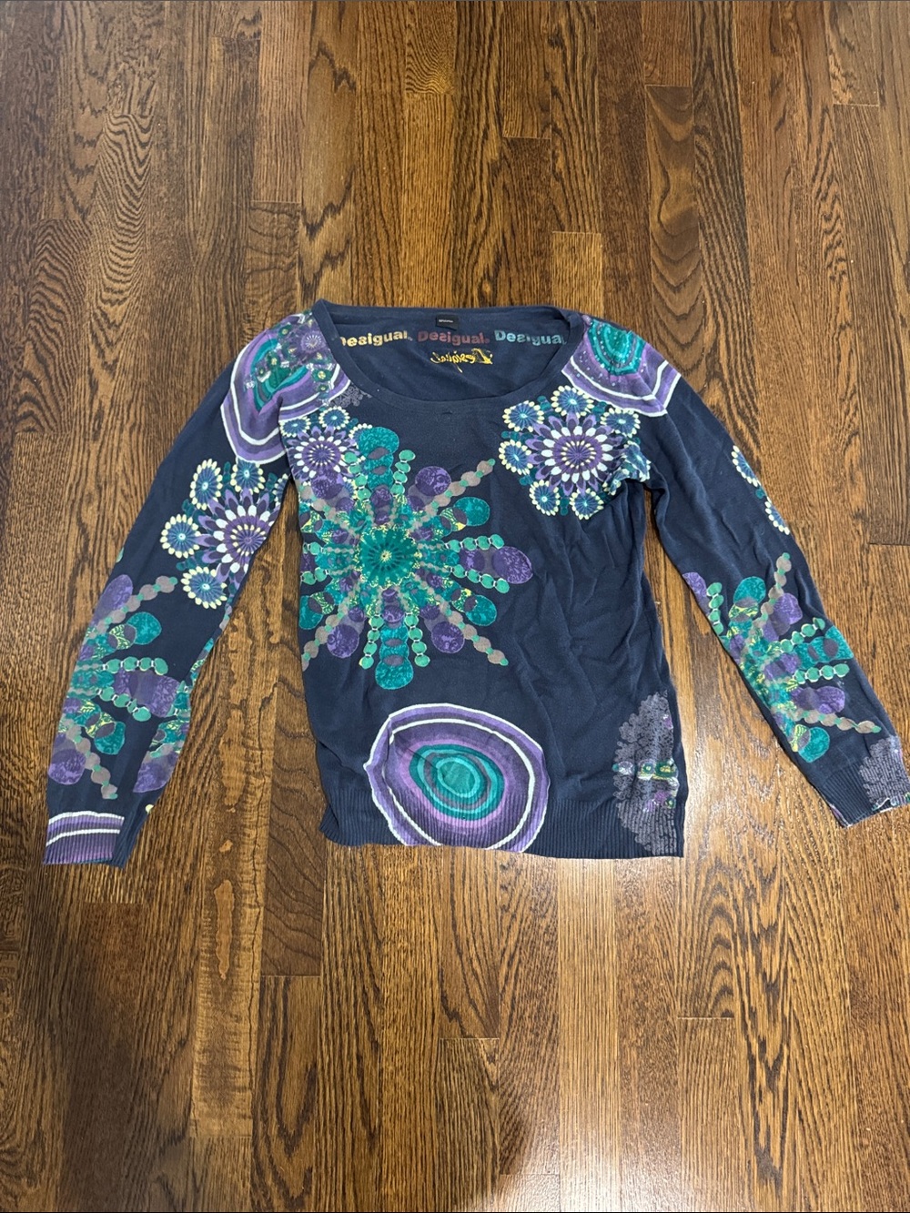 Desigual Navy Long Sleeve Floral Burst Top with Teal & Purple Accents